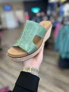 corkys wedges, green wedge sandals, corkys platform sandals, braided wedge shoes, comfortable wedges for women, corkys sandals, spring wedges, summer platform sandals