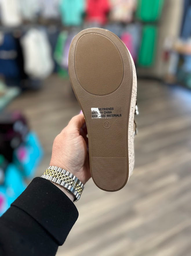 corkys wedges, corkys lets be friends sandals, gold wedge sandals, floral wedge sandals, cork platform wedges, comfortable corkys shoes