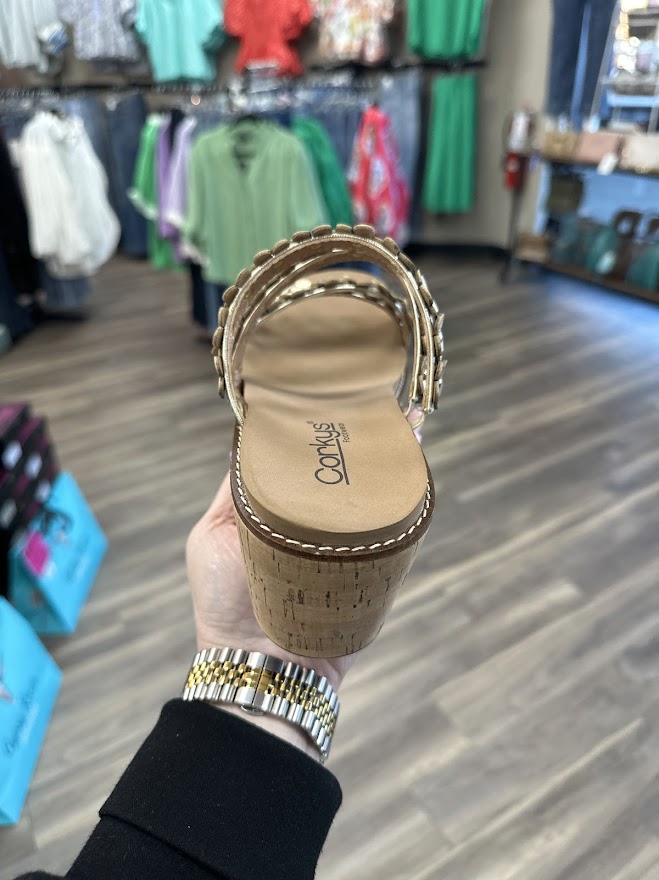 corkys wedges, corkys lets be friends sandals, gold wedge sandals, floral wedge sandals, cork platform wedges, comfortable corkys shoes