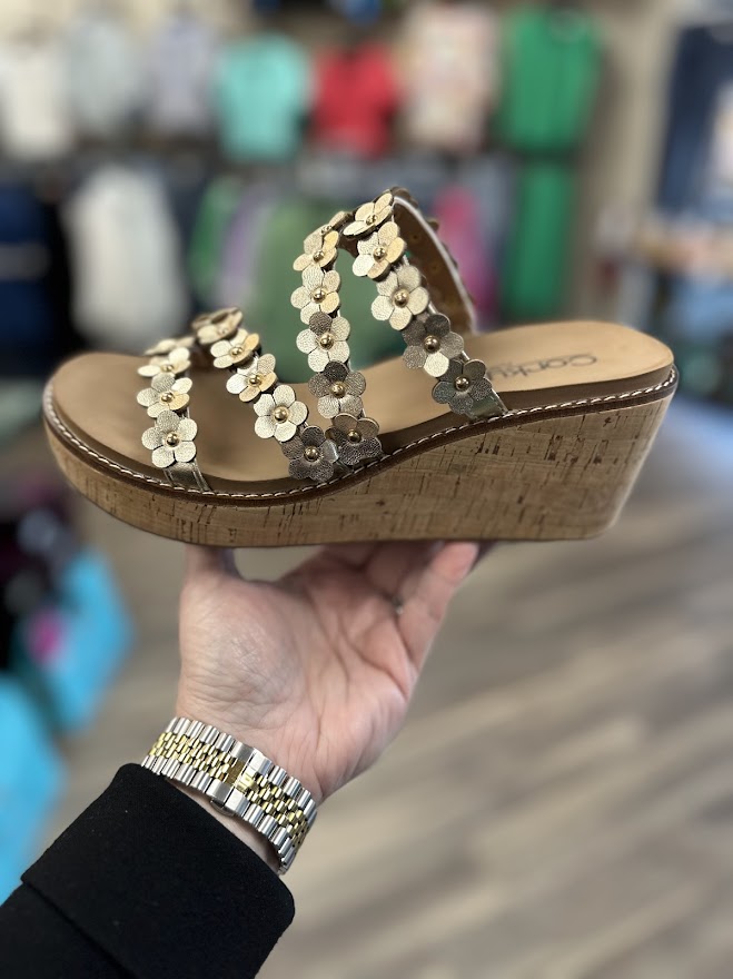 corkys wedges, corkys lets be friends sandals, gold wedge sandals, floral wedge sandals, cork platform wedges, comfortable corkys shoes