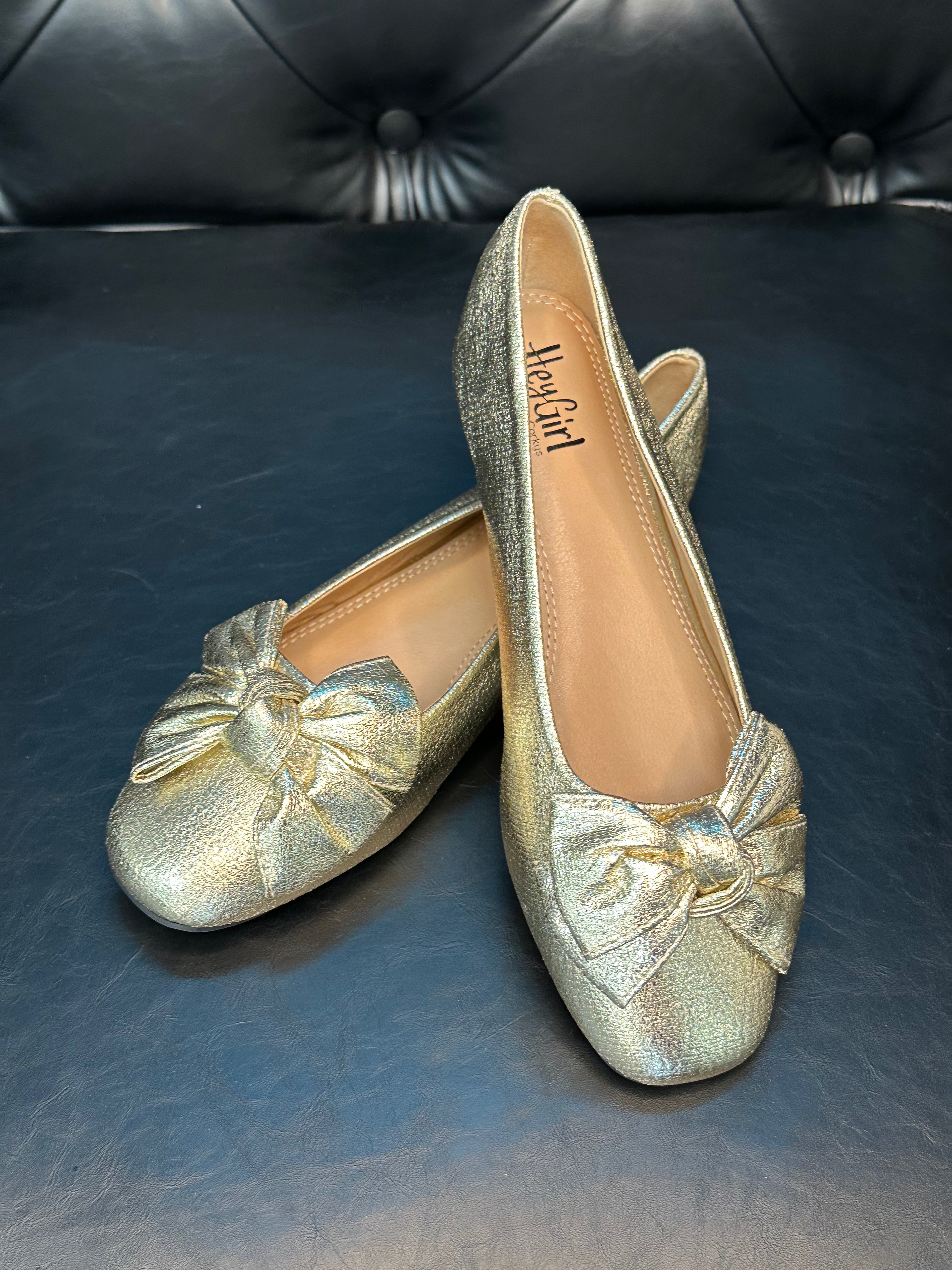 gold flats, metallic bow flats, women’s dressy flats, slip-on flats, comfortable gold shoes, glam bow flats, everyday gold shoes