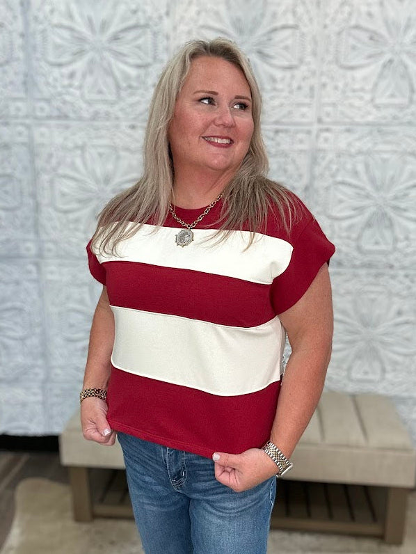 Crimson & Ivory Striped game day Top 