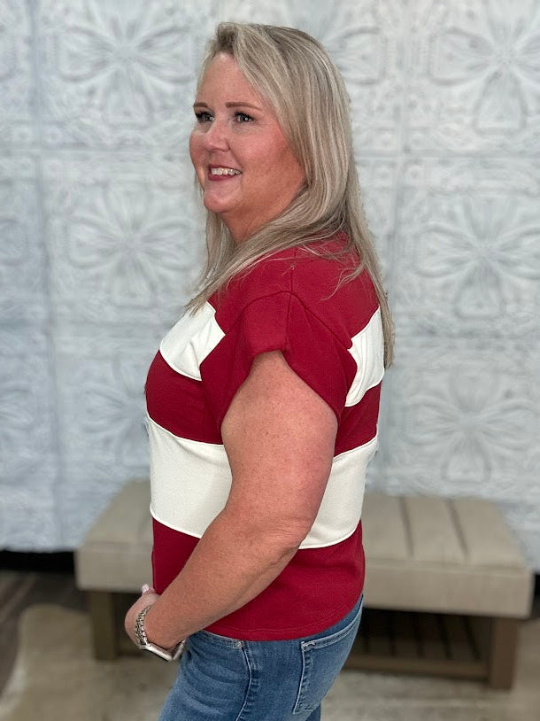 Crimson & Ivory Striped game day Top 