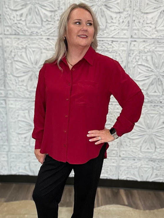 Crimson Satin Button-Front Blouse