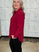 Crimson Satin Button-Front Blouse