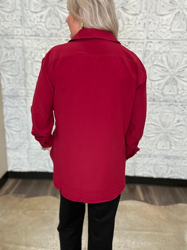 Crimson Satin Button-Front Blouse