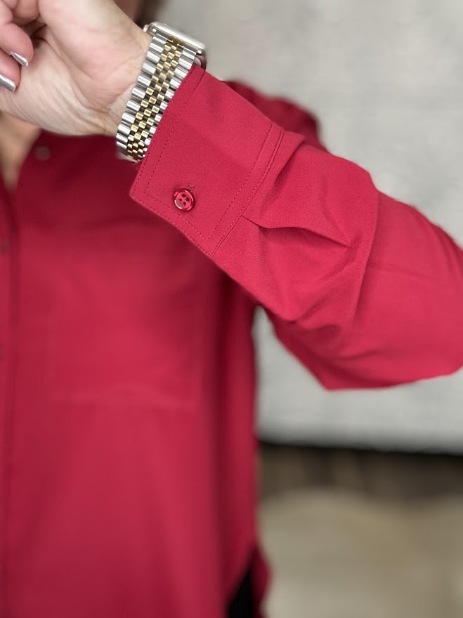 Crimson Satin Button-Front Blouse