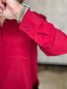 Crimson Satin Button-Front Blouse