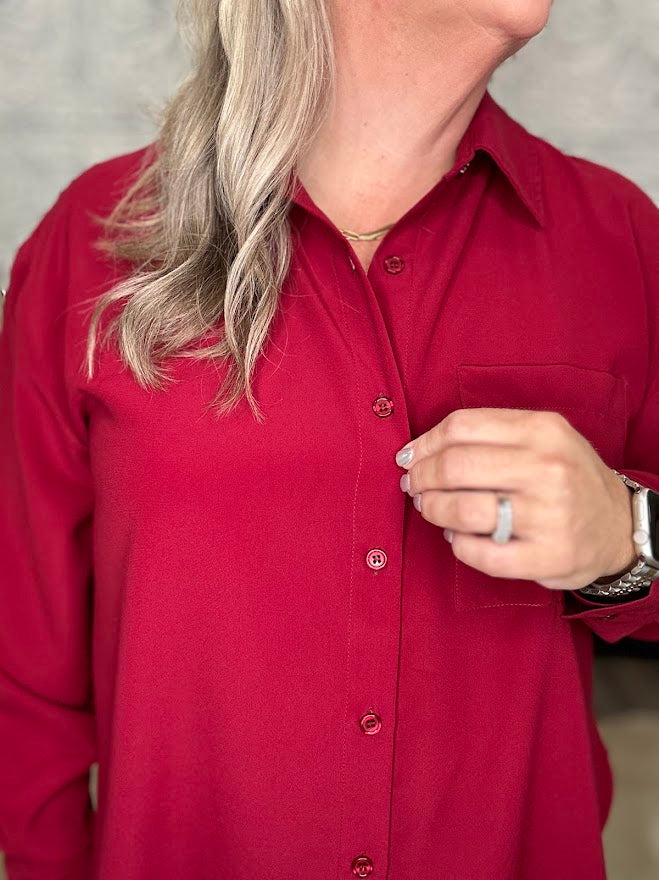 Crimson Satin Button-Front Blouse