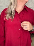 Crimson Satin Button-Front Blouse