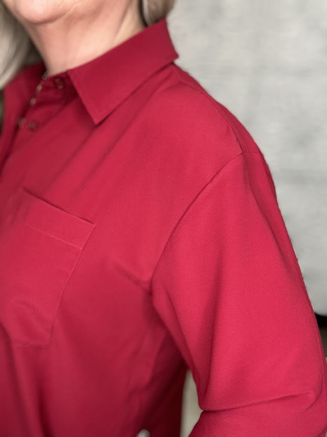 Crimson Satin Button-Front Blouse