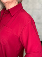 Crimson Satin Button-Front Blouse