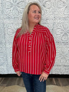 Crimson Stripe Button Front Blouse