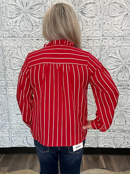 Crimson Stripe Button Front Blouse