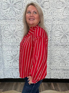 Crimson Stripe Button Front Blouse