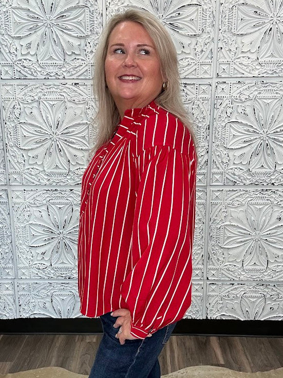 Crimson Stripe Button Front Blouse