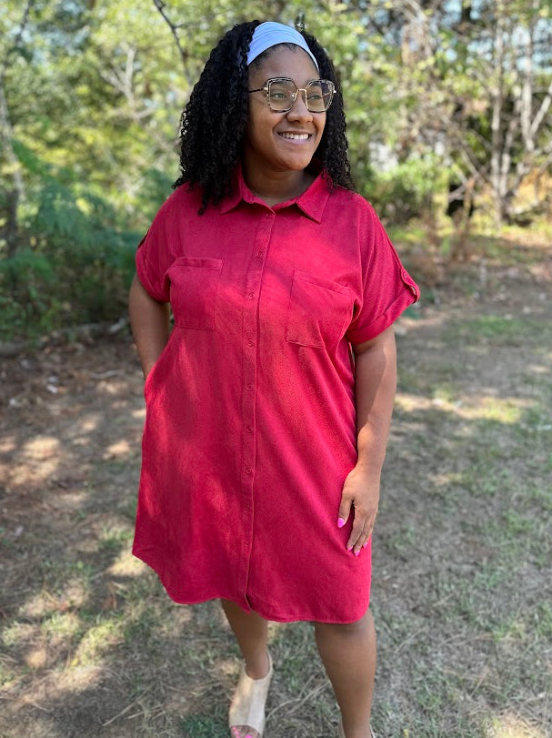 Crimson Suede Button-Up Shirt Dress