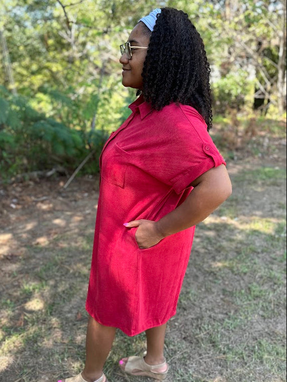 Crimson Suede Button-Up Shirt Dress