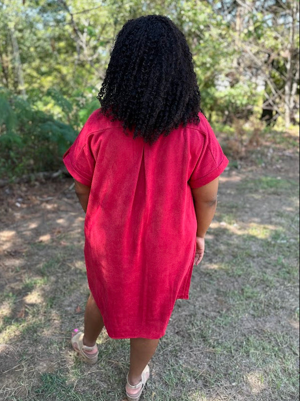 Crimson Suede Button-Up Shirt Dress