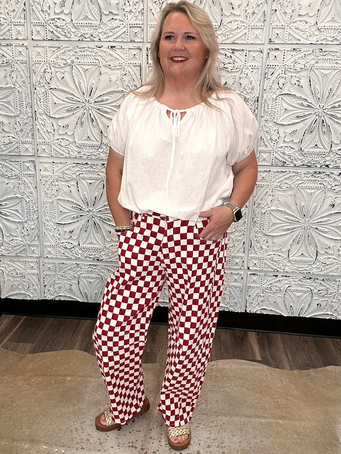 Crimson & White Checkerboard Barrel Pants
