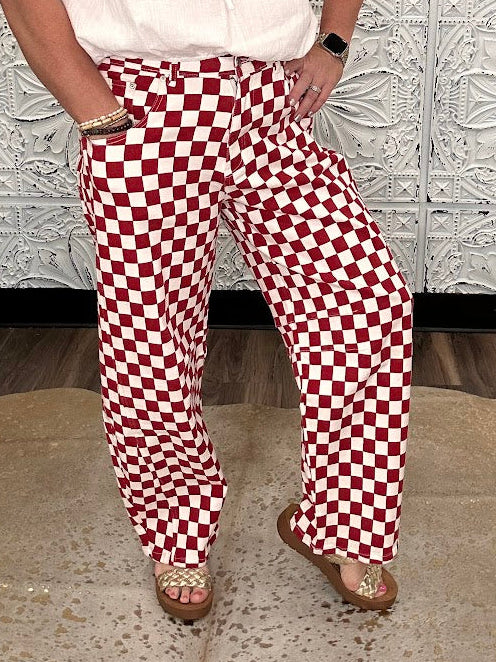 Crimson & White Checkerboard Barrel Pants