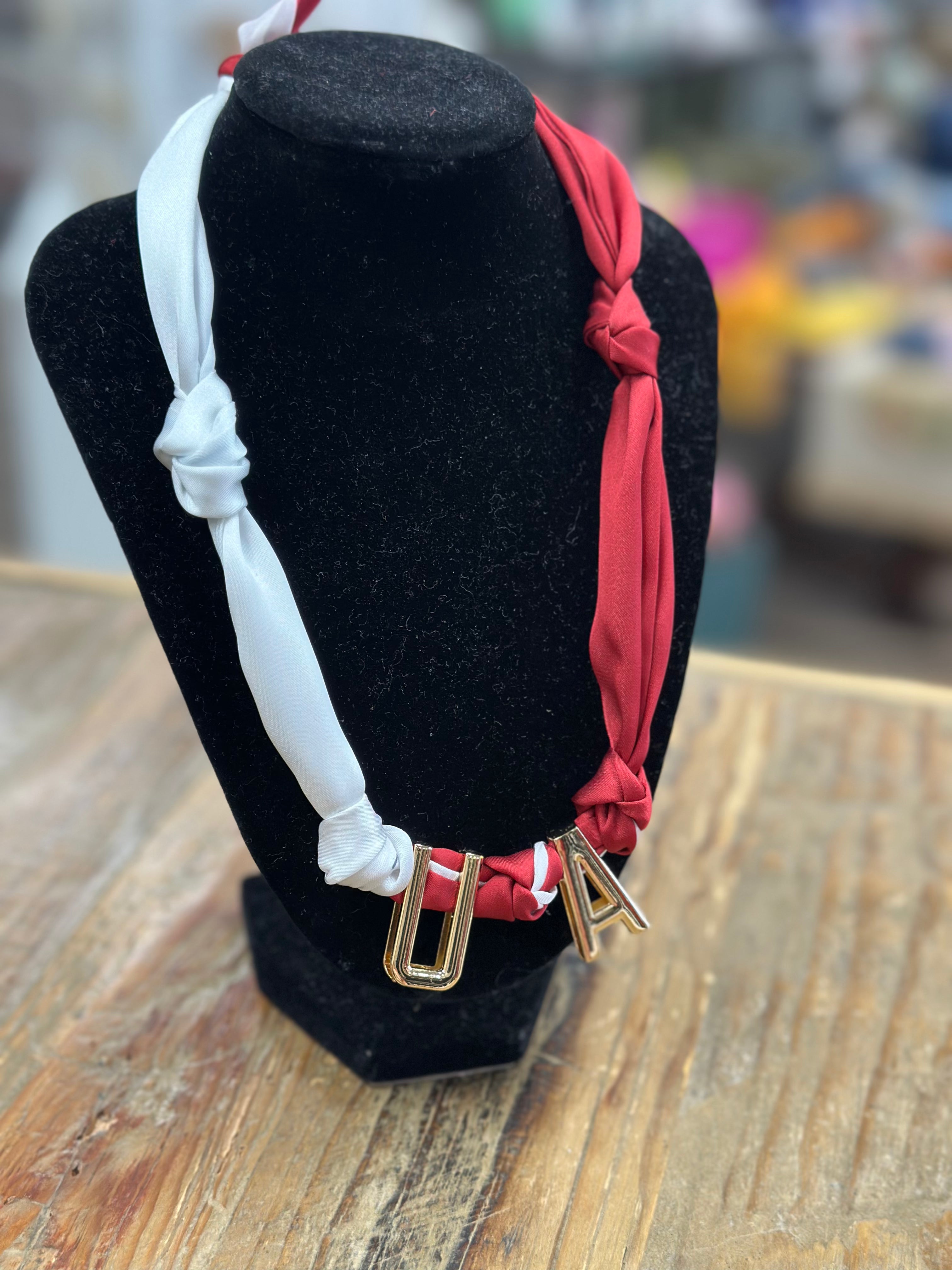scarf necklace, versatile jewelry, Alabama game day necklace, U A accessory, bag charm, bracelet scarf, trendy fall accessories, crimson and white necklace