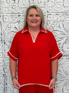 Crinkle 3/4 Sleeve Top with Scallop Embroidered Trim