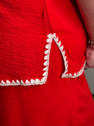 Crinkle 3/4 Sleeve Top with Scallop Embroidered Trim