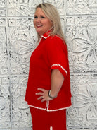 Crinkle 3/4 Sleeve Top with Scallop Embroidered Trim