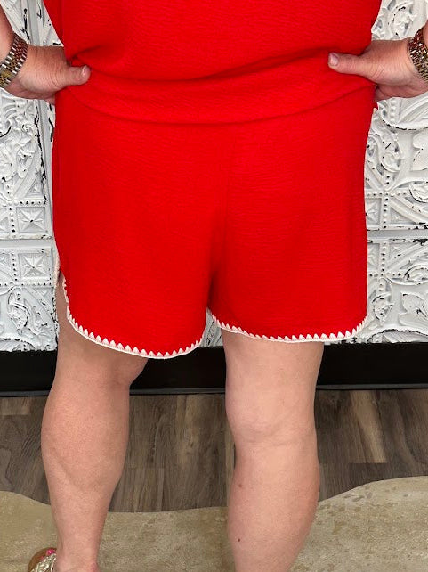 Crinkle Drawstring Shorts with Scallop Embroidered Hem