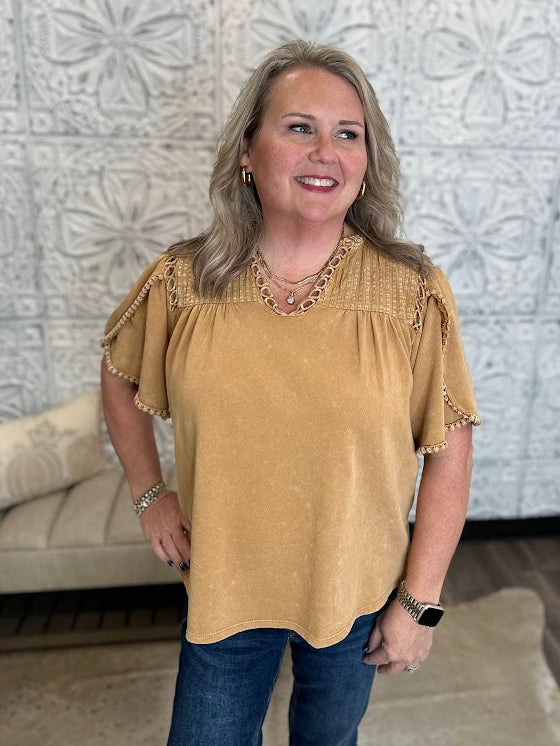 Crochet Trim Tulip Sleeve Knit Top
