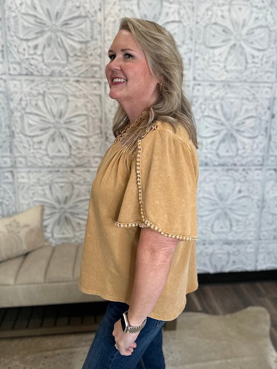 Crochet Trim Tulip Sleeve Knit Top