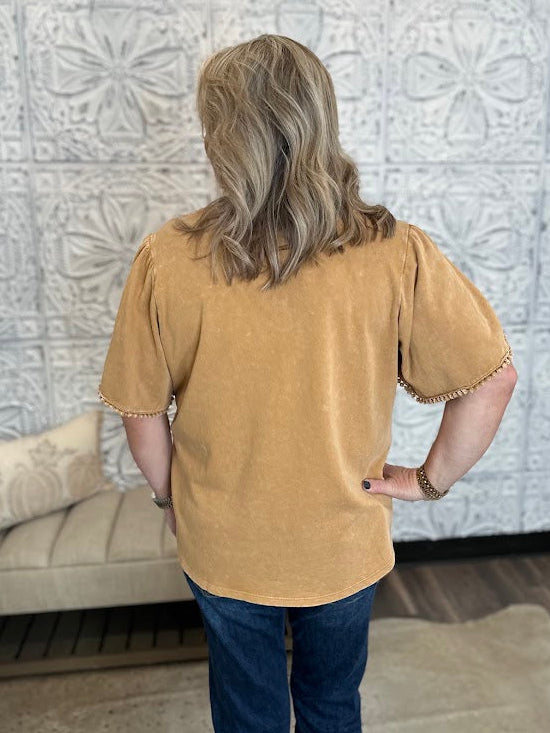Crochet Trim Tulip Sleeve Knit Top