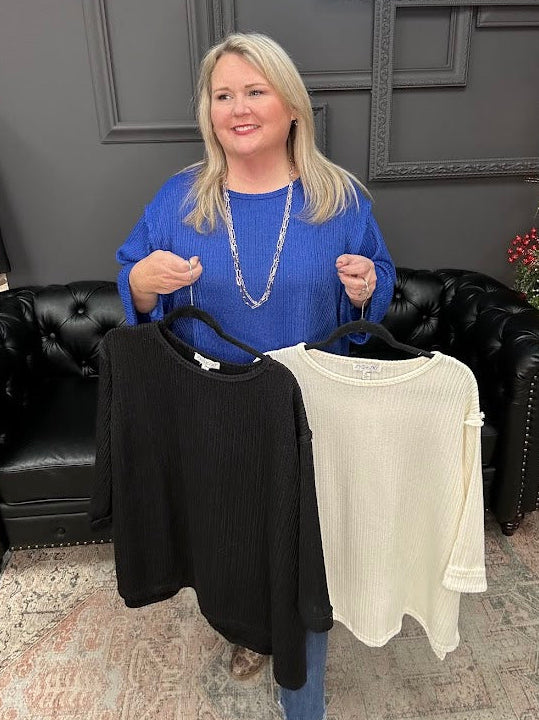 curvy knit top, 3/4 sleeve knit shirt, folded cuff top, plus size knit top, ribbed knit blouse, everyday curvy top, blue knit top, black knit top, cream knit top, Gypsy River top