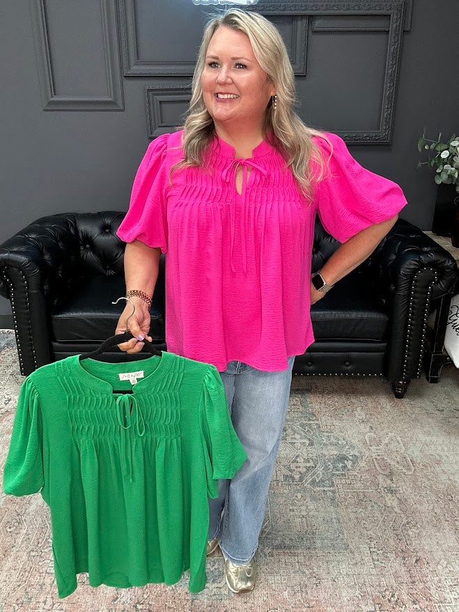 curvy blouse women, puff sleeve blouse plus size, pintuck blouse, tie neck blouse women, boutique curvy tops, dressy casual plus size tops, flowy plus blouse