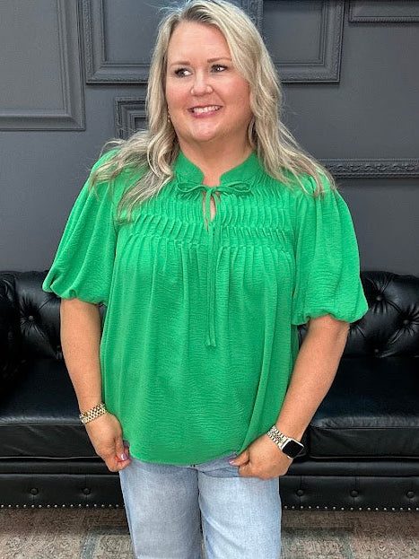 curvy blouse women, puff sleeve blouse plus size, pintuck blouse, tie neck blouse women, boutique curvy tops, dressy casual plus size tops, flowy plus blouse