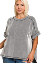 Curvy Raised Rib Raw Edge Cuff Sleeve Top