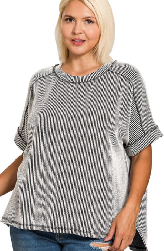 Curvy Raised Rib Raw Edge Cuff Sleeve Top
