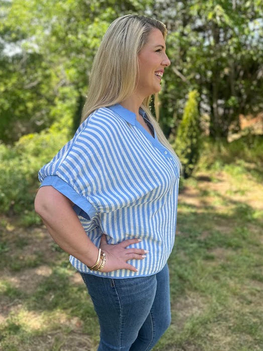 Curvy Striped Oversized Collared Top with Button Front