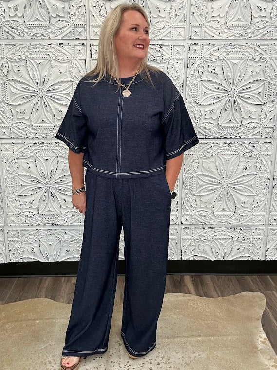 Denim Contrast Stitch Cropped Knit Top