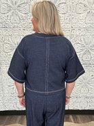 Denim Contrast Stitch Cropped Knit Top