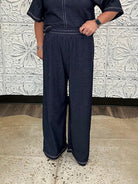 Denim Contrast Stitch Wide Leg Knit Pants