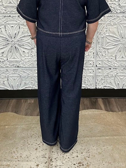 Denim Contrast Stitch Wide Leg Knit Pants