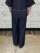 Denim Contrast Stitch Wide Leg Knit Pants