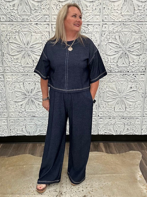 Denim Contrast Stitch Wide Leg Knit Pants