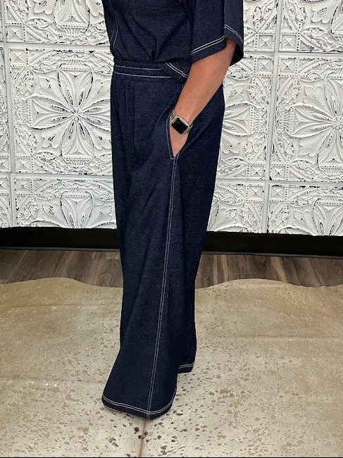 Denim Contrast Stitch Wide Leg Knit Pants