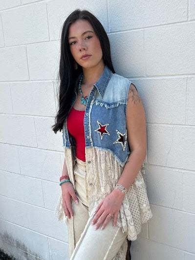 Denim & Lace Star Appliqué Vest