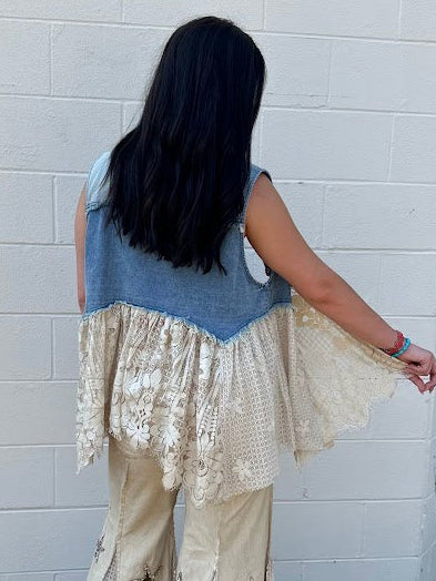 Denim & Lace Star Appliqué Vest