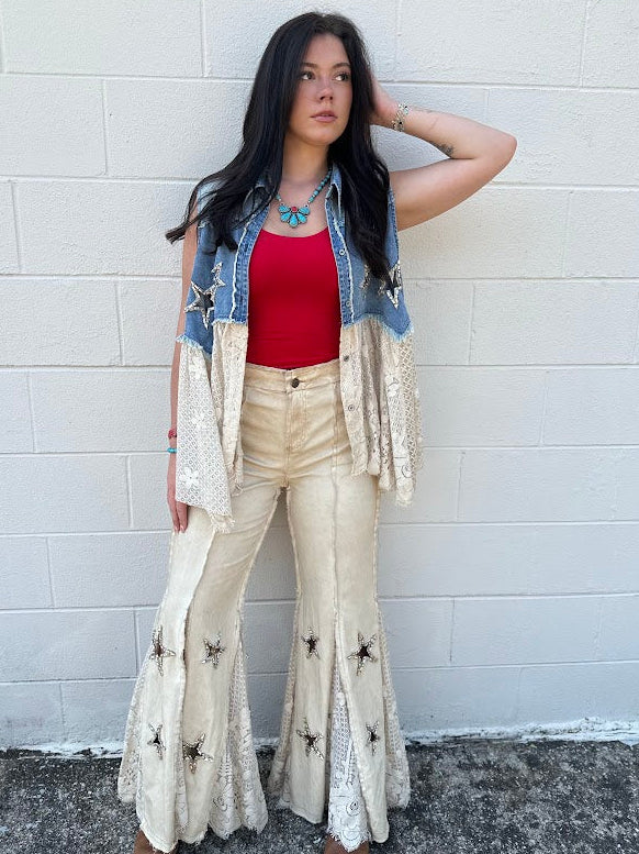 Denim & Lace Star Appliqué Vest