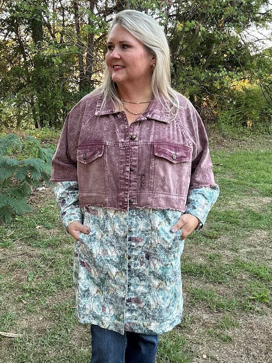 Distressed Lavender Denim & Floral Mixed Print Jacket